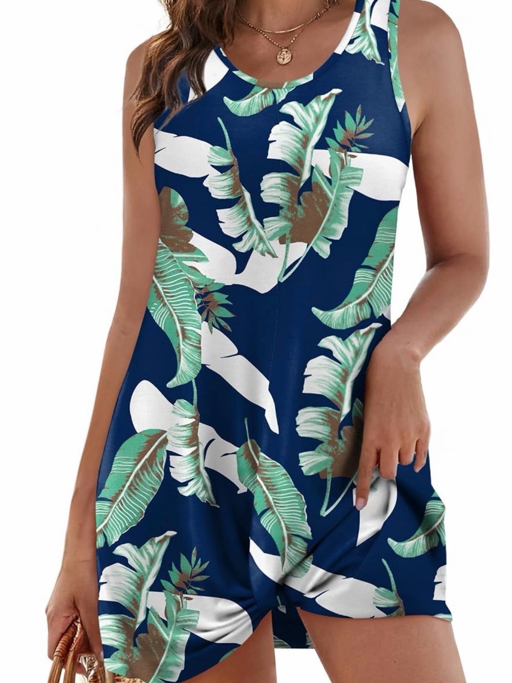 Navy Tropical Leaf Sleeveless Women's Short Dress with Knot Detail